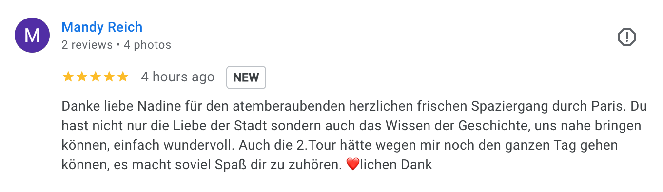 Screenshot of a positive written review about a Paris tour, mentioning a guide named Nadine.