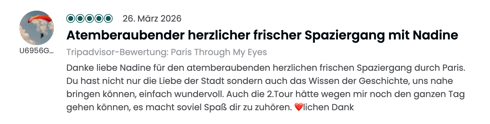 Bewertung eines Spaziergangs durch Paris auf TripAdvisor, mit Dank an Nadine für die schöne Tour, inklusive Herz-Emoji.