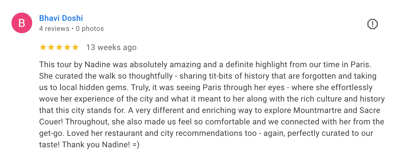 Screenshot of a positive online review for a tour in Paris, praising the tour guide Nadine for her thoughtful storytelling and cultural insights.