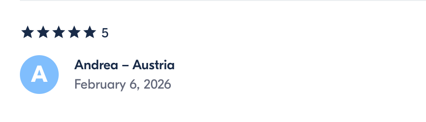 Five-star review with the name Andrea from Austria, dated February 6, 2026.