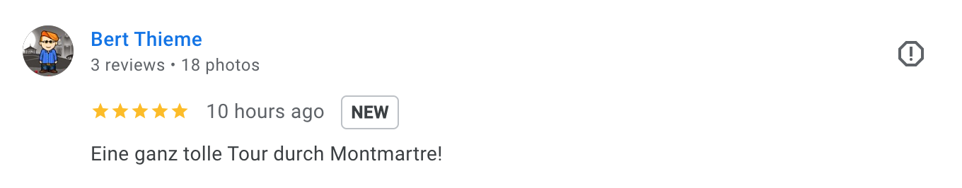 Bewertung einer Tour in Montmartre mit 5 Sternen, kurze Beschreibung auf Deutsch.