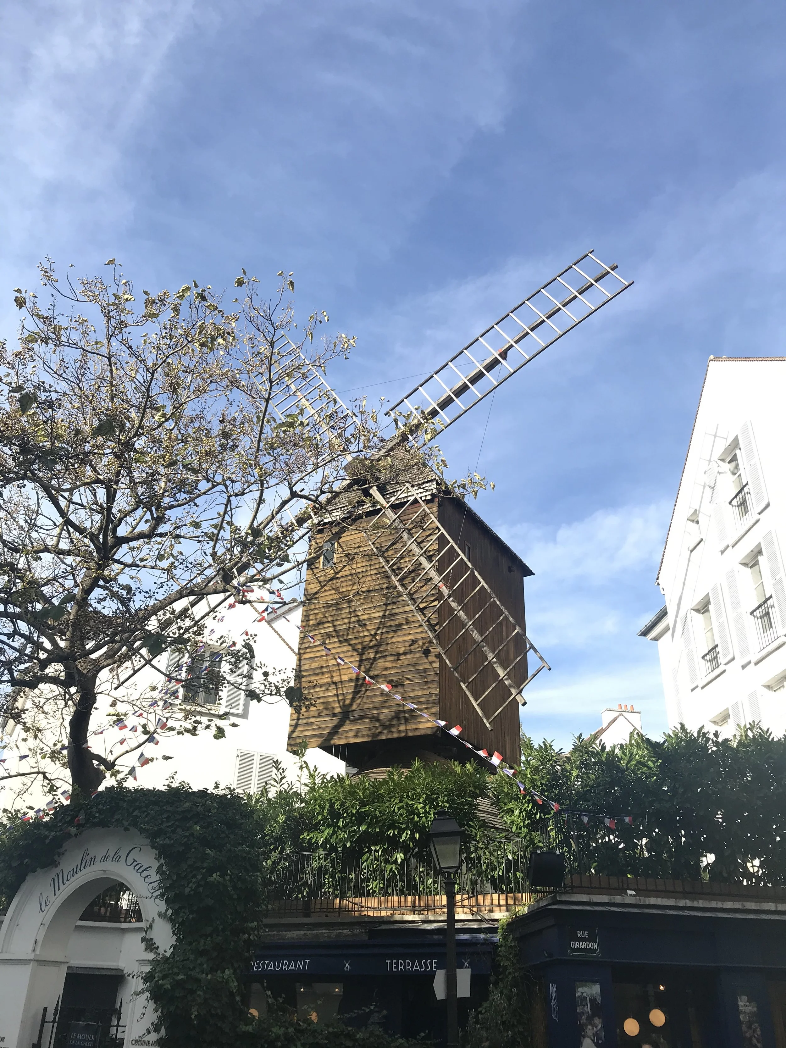 An old wooden windmill with large blades on top of a building, surrounded by trees and buildings, under a blue sky.