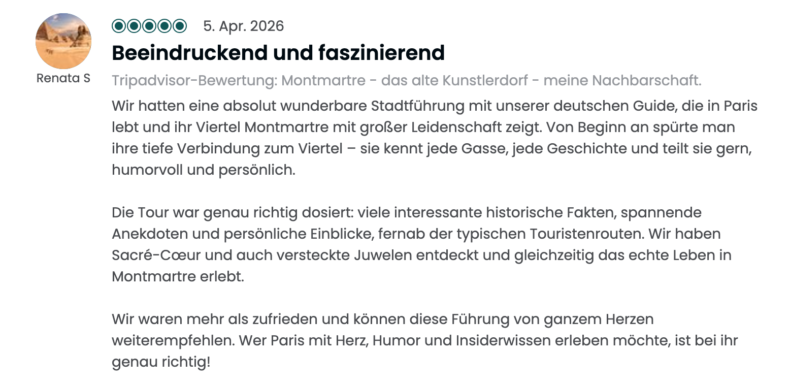 Rezension über eine Tour in Montmartre, Paris, mit einem deutschen Guide, der die Gegend mit Leidenschaft zeigt. Die Tour enthält interessante Fakten, Anekdoten und versteckte Juwelen des Quartiers und wird als humorvoll und persönlich beschrieben.