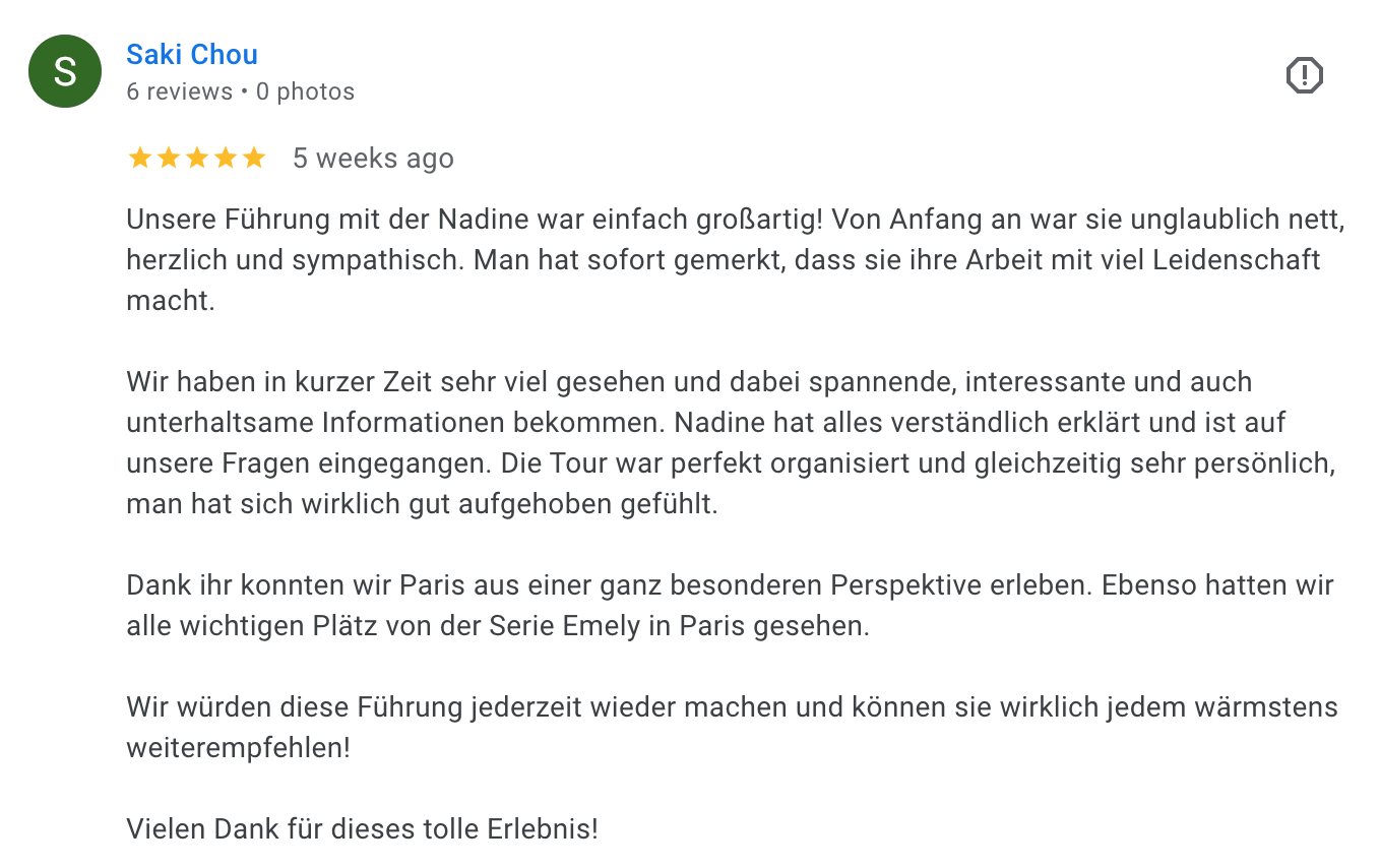 Customer review in German expressing high satisfaction with a tour guide named Nadine, praising her friendliness, enthusiasm, and professionalism, and recommending the tour and guide.
