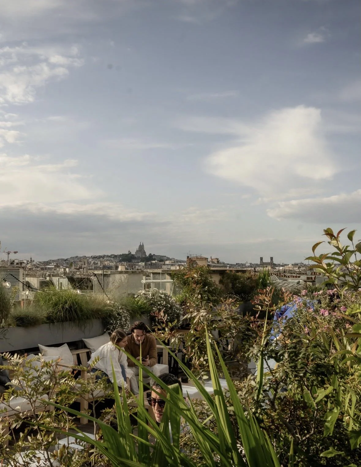 Menschen sitzen auf einer Dachterrasse mit Pflanzen und Blick auf die Stadt Paris mit Sacré-Cœur in der Ferne, bei bewölktem Himmel.