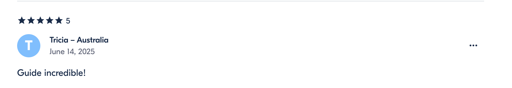 Five-star rating, review by Tricia from Australia, dated June 14, 2025, praising a guide as incredible.