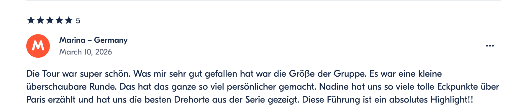 Customer review in German with 5-star rating, dated March 10, 2026, praising a tour experience in Germany and mentioning guide Nadine and attractions in Paris.