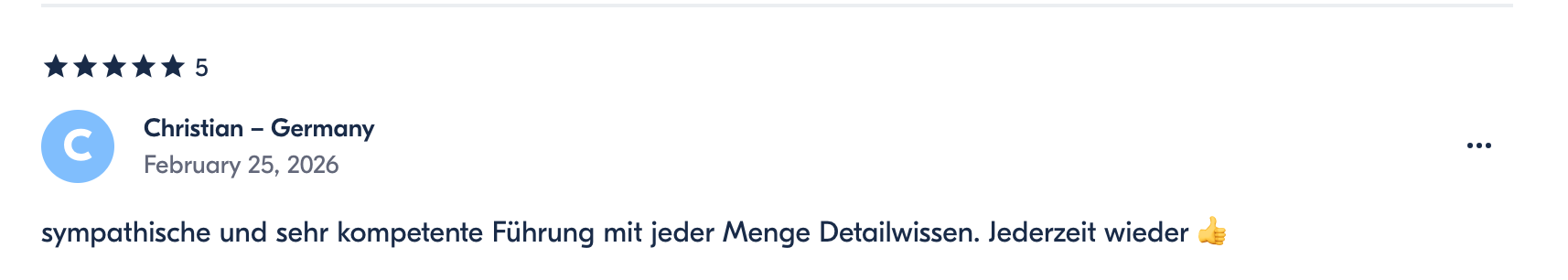 Five-star review by Christian from Germany, dated February 25, 2026, praising sympathetic and very competent management with great attention to detail, and expressing satisfaction with a thumbs-up emoji.