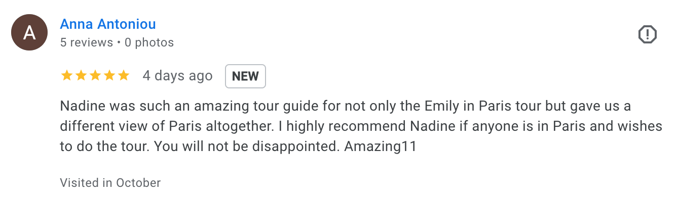 Screenshot of a positive online review for a tour guide named Nadine in Paris, praising her for providing an exceptional tour experience and recommending her to others.
