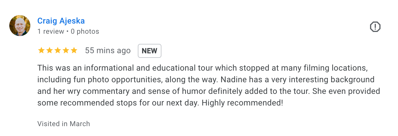 Screenshot of a Google review by Craig Ajeska with 5-star rating for a tour, describing it as educational and fun with interesting commentary and recommended stops, visited in March.