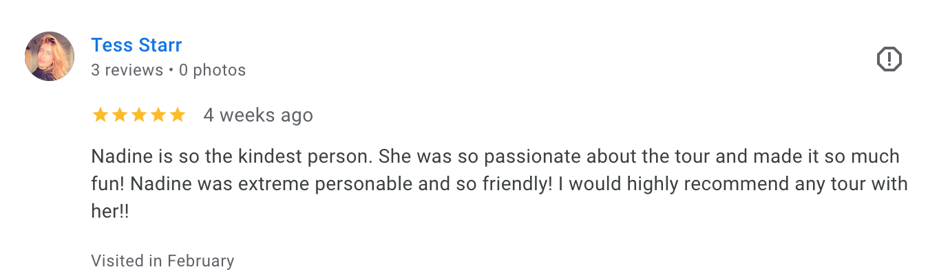 Screenshot of a positive review from Tess Starr about a tour experience with Nadine, praising her kindness, passion, friendliness, and recommending her.