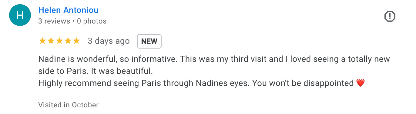 Screenshot of a Google review by Helen Antoniou praising Nadine for her informative tour of Paris, mentioning her third visit and recommending seeing Paris through Nadine's eyes.