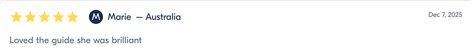 Five yellow stars, a profile icon with the letter M, and the name Marie from Australia. The date December 7, 2025, and the review says, "Loved the guide she was brilliant."