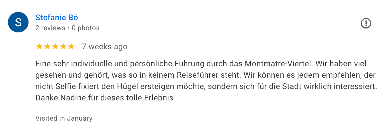 Screenshot of a Google review for a tour guide named Nadine in Montmartre, Paris, written in German. The review is five stars and mentions a personalized and engaging tour through Montmartre.