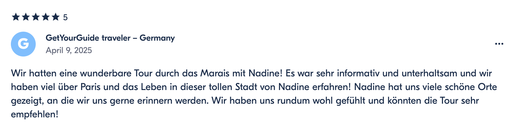 A travel review for a tour in Germany, mentioning a visit to the marsh with Nadine, and sharing positive impressions of Paris and life in the city.
