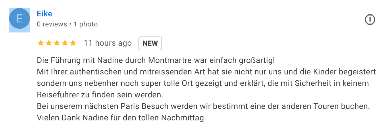 Kundenrezension mit fünf Sternen für eine Führung mit Nadine in Montmartre, Paris, mit positiver Bewertung der authentischen und mitreißenden Art der Führung.