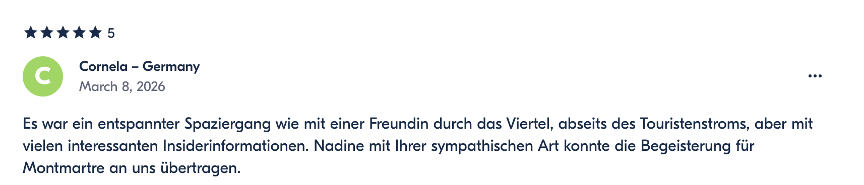Review of a walking tour in a historic European quarter, mentioning interesting insider information and admiration for Montmartre.