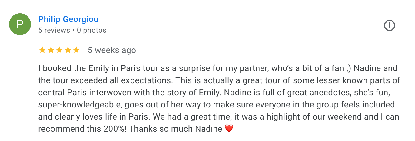 Google review for a Paris tour, praising guide Nadine, written by Philip Georgiou.
