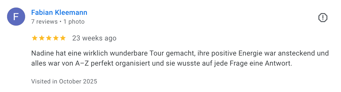 Review by Fabian Kleemann expressing positive sentiments about a tour, mentioning good organization and energy, written in German.