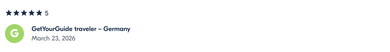 Review for GetYourGuide travel service in Germany, rated 5 stars, reviewed on March 23, 2026.