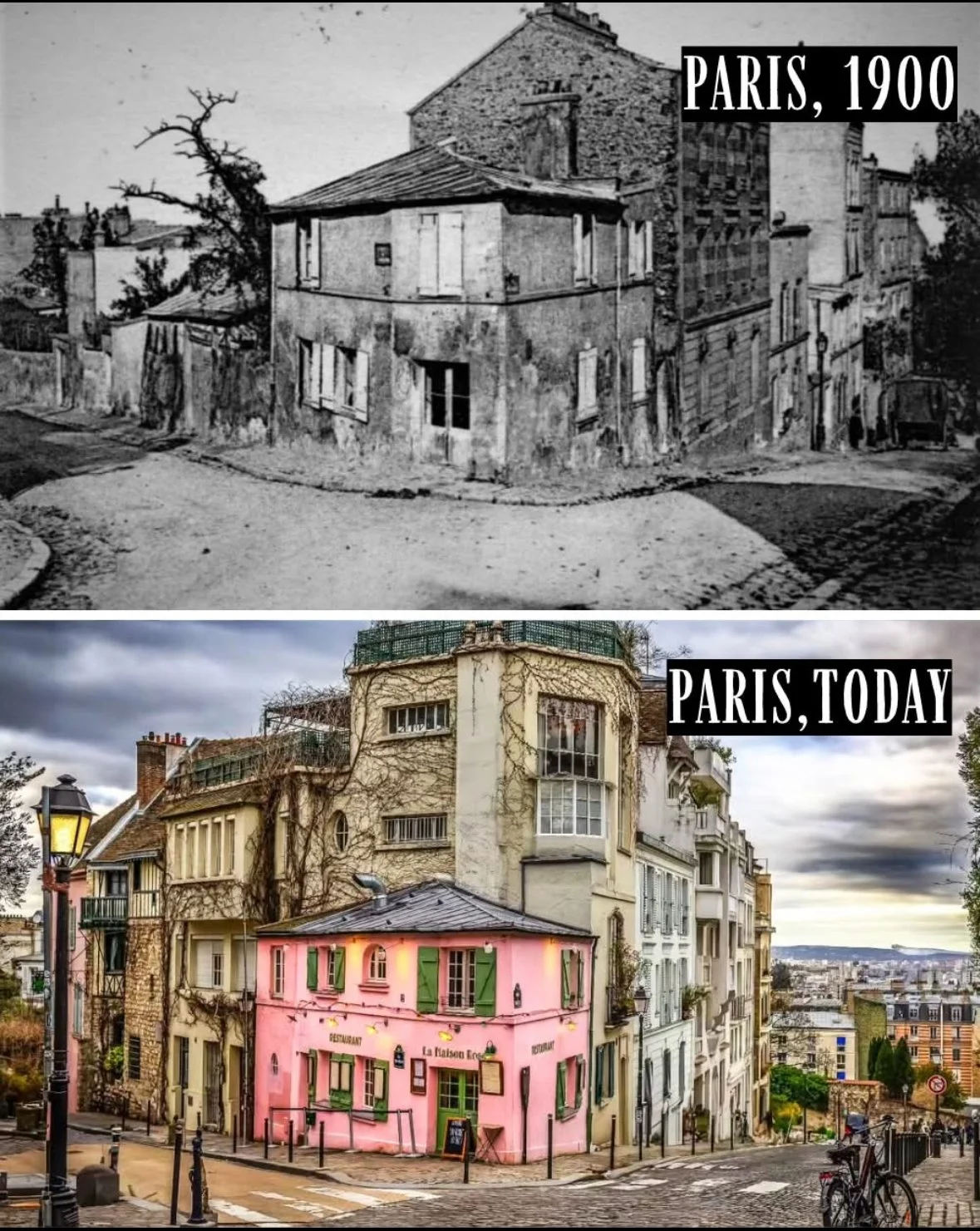 Comparison of a building in Paris in 1900 and today, showing progress and renovation over time.