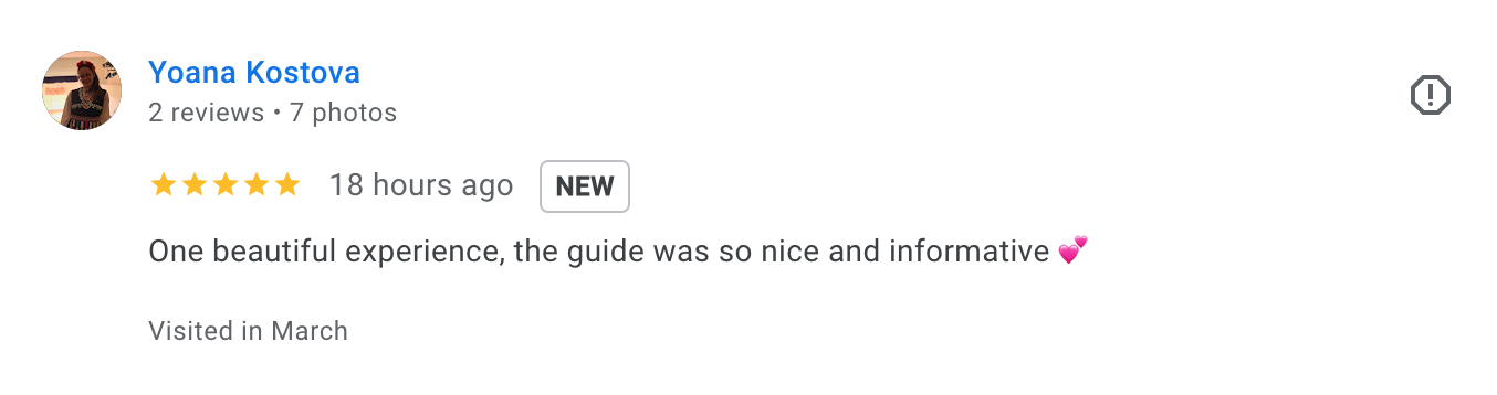 Screenshot of a Google review by Yoana Kostova with 5 stars, reading 'One beautiful experience, the guide was so nice and informative' and posted 18 hours ago.