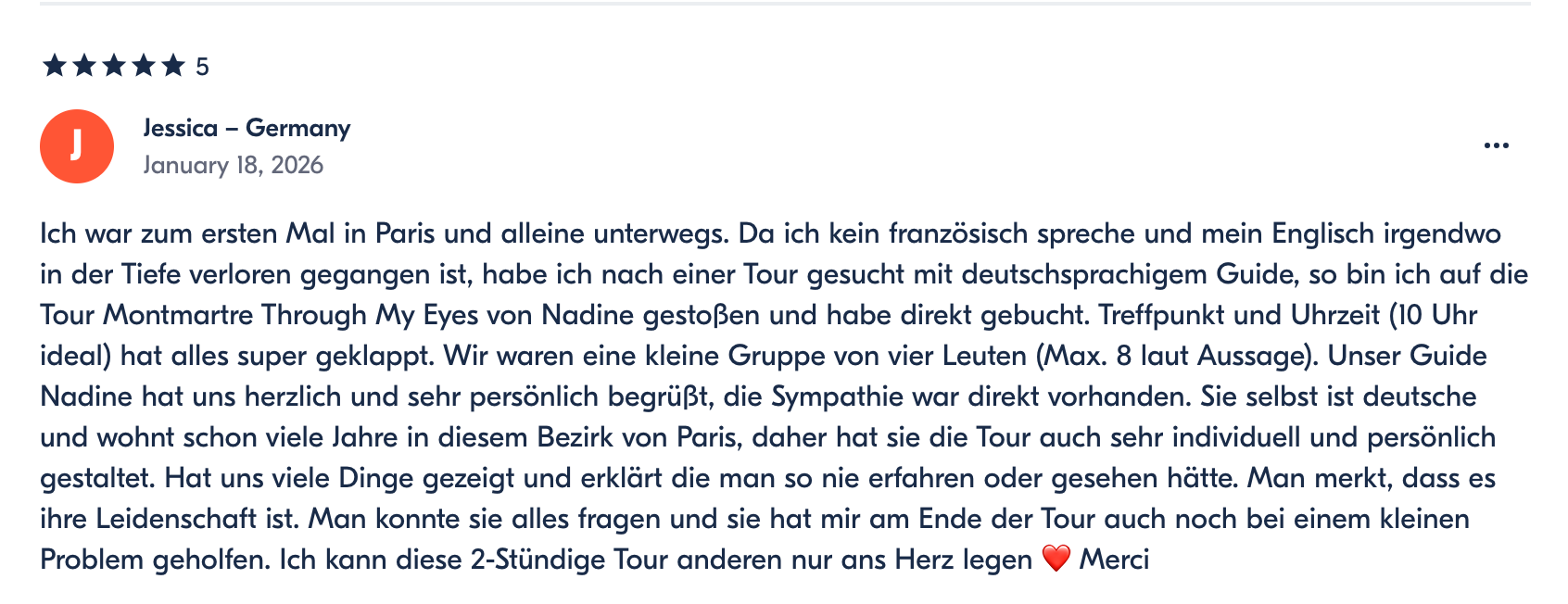 Online review written in German about a guided tour in Paris, mentioning the guide Nadine, her personalized approach, and the tour experience.