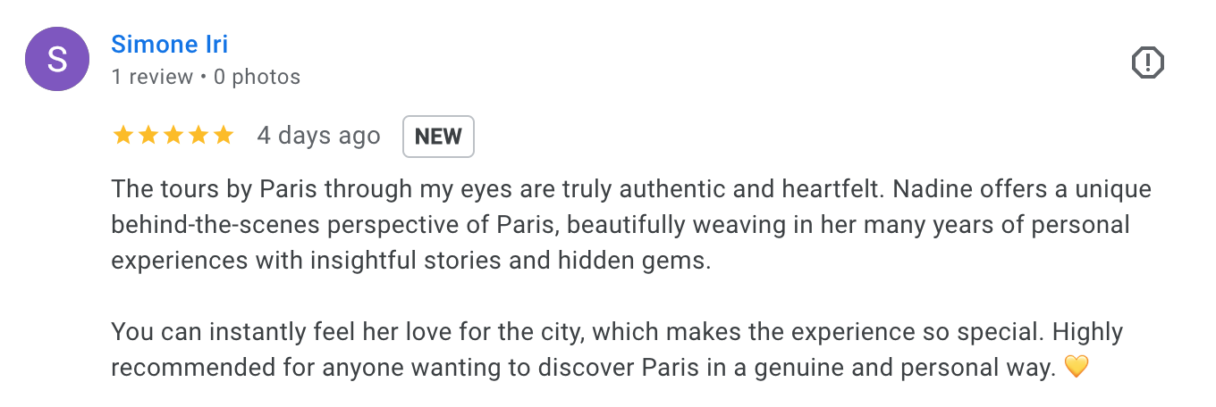Bewertung einer Paris-Tour durch Nadine, die persönliche Einblicke und eine authentische Erfahrung in Paris bietet, inklusive eines herzlichen Ausdrucks der Liebe zur Stadt.