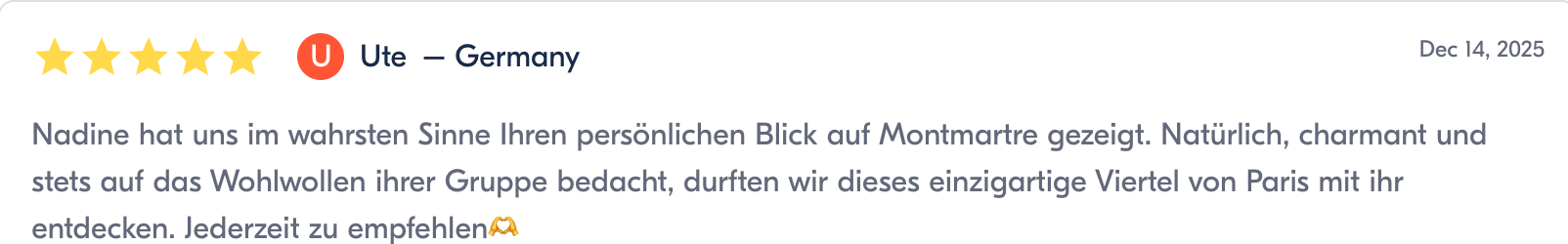 Review of Ute, Germany, dated December 14, 2025, with a five-star rating, a red Ute logo, and text in German praising Nadine and mentioning Paris.