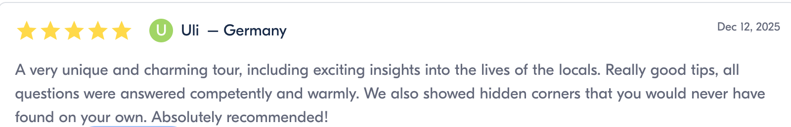 Review with five gold stars, green 'Uli - Germany' badge, and date December 12, 2025