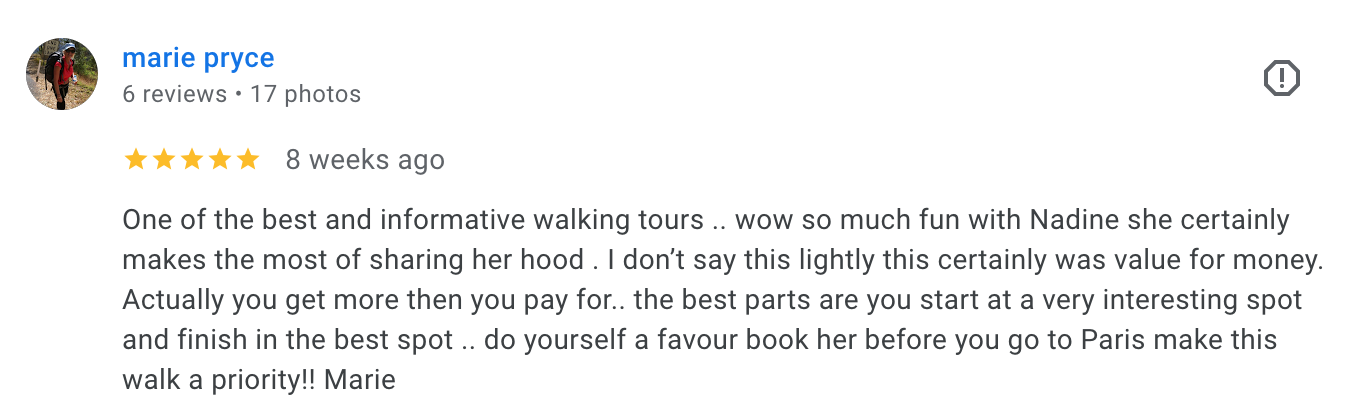 Screenshot of an online review by Marie Pryce about a walking tour service, with a 5-star rating and positive comments.
