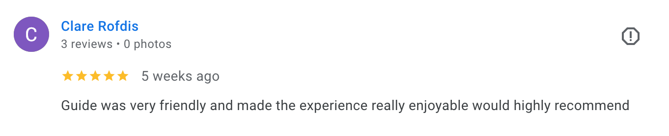 Screengrab of a review by Clare Rofdis on a travel website, showing a five-star rating, with the review mentioning a friendly guide and an enjoyable experience.