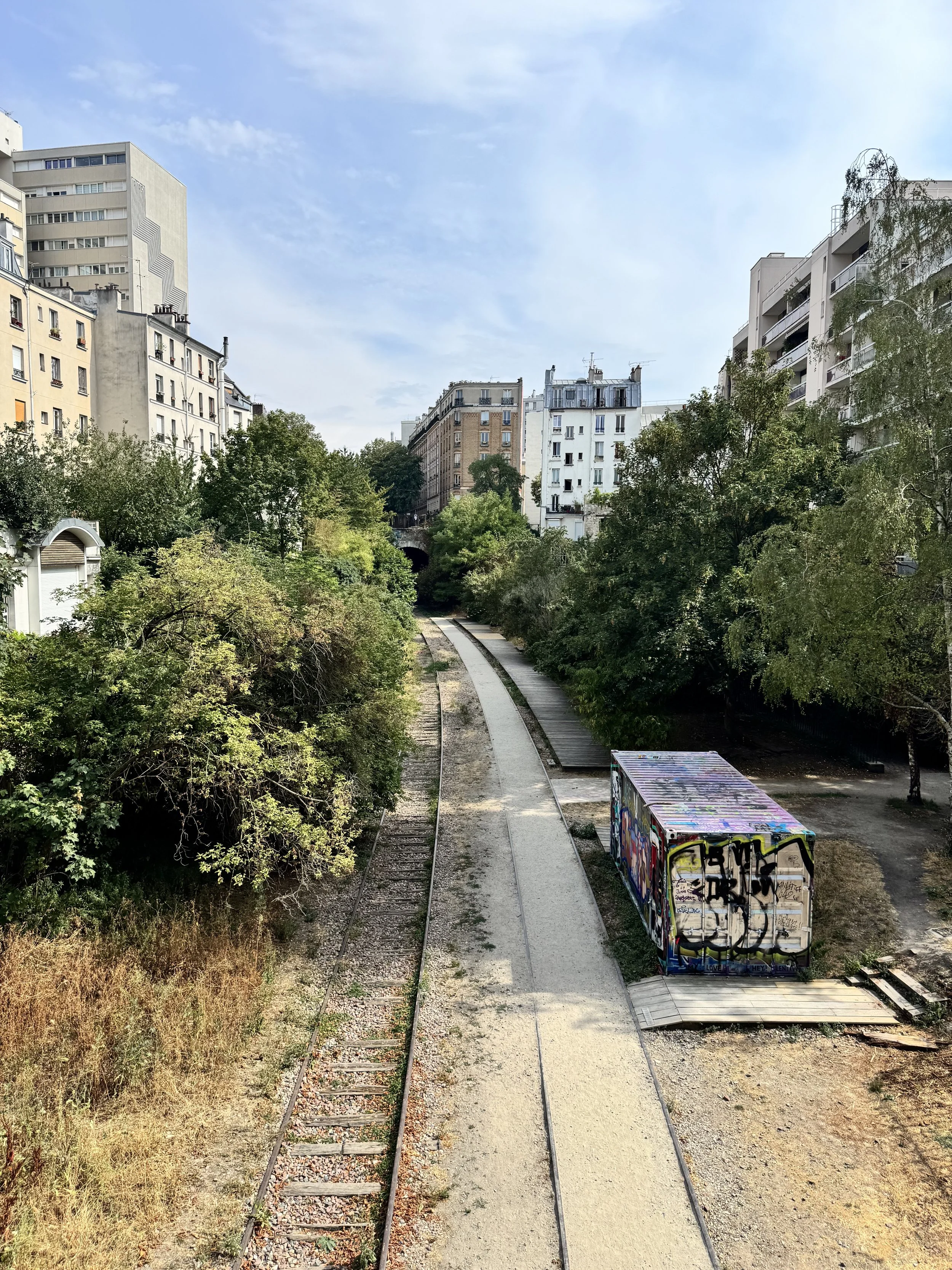 Eine Bahnstrecke im Stadtpark mit Graffiti-Box, umgeben von Bäumen, mit Hochhäusern im Hintergrund und einem blauen Himmel.