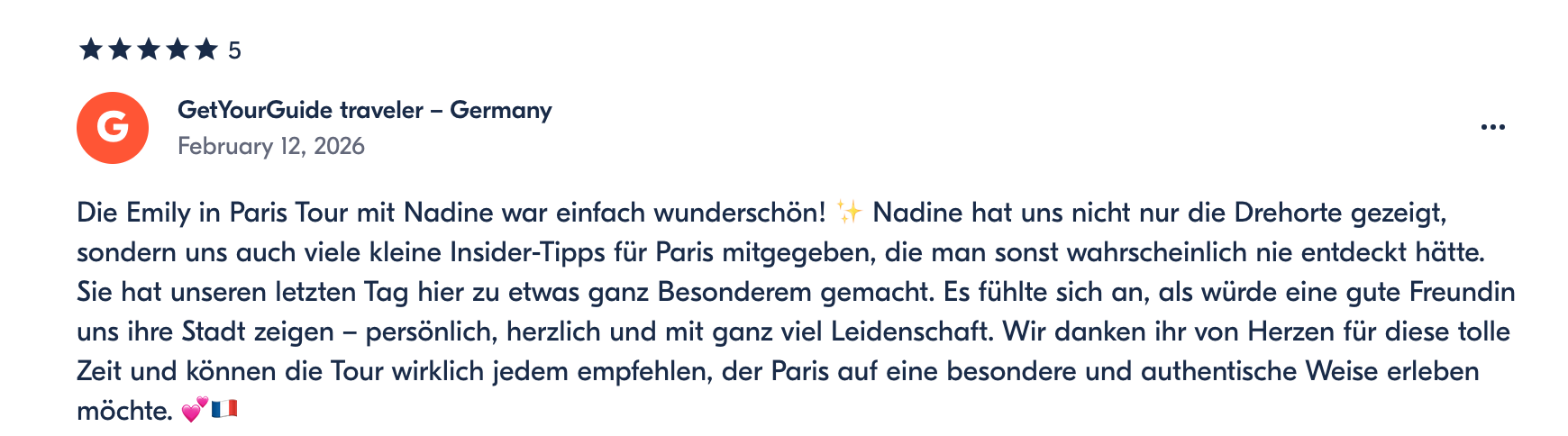 Screenshot of a Google review about a travel experience in Germany, written in German, dated February 12, 2026.
