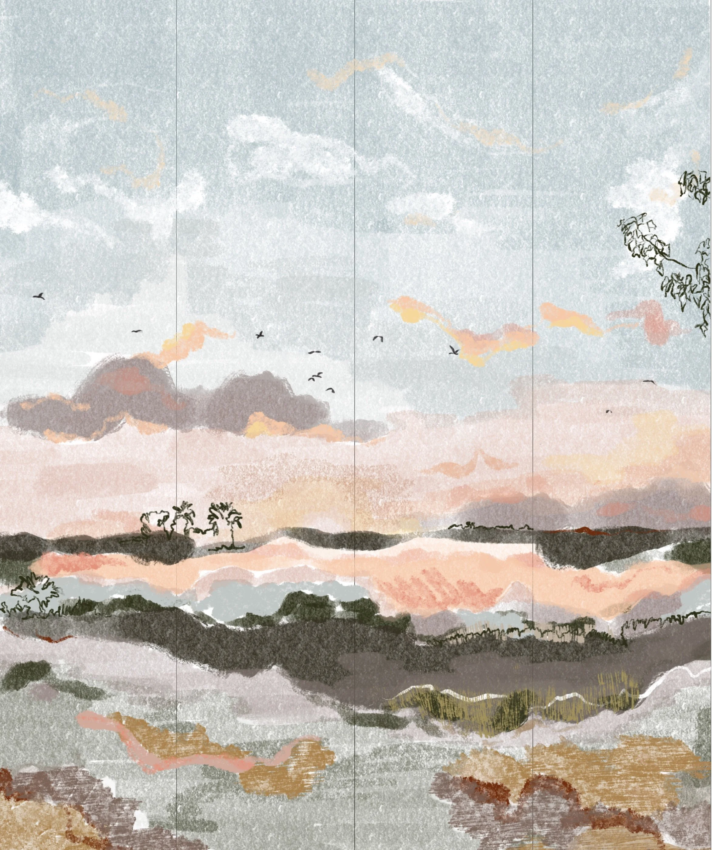 Abstract landscape painting with pastel colors depicting a horizon, distant trees, birds in flight, and a cloudy sky.