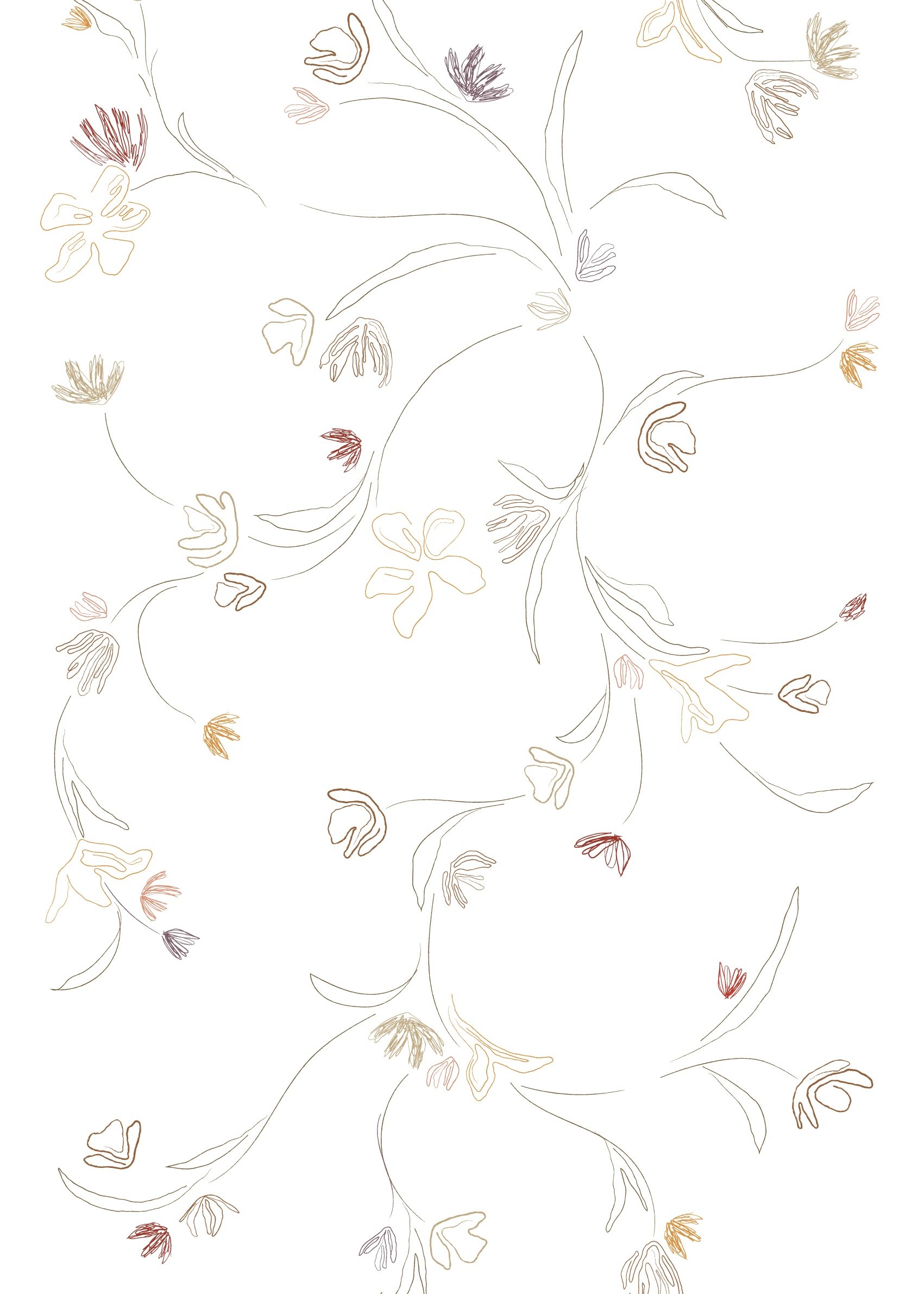 Delicate floral pattern with hand-drawn flowers and leaves in various muted colors on a white background.
