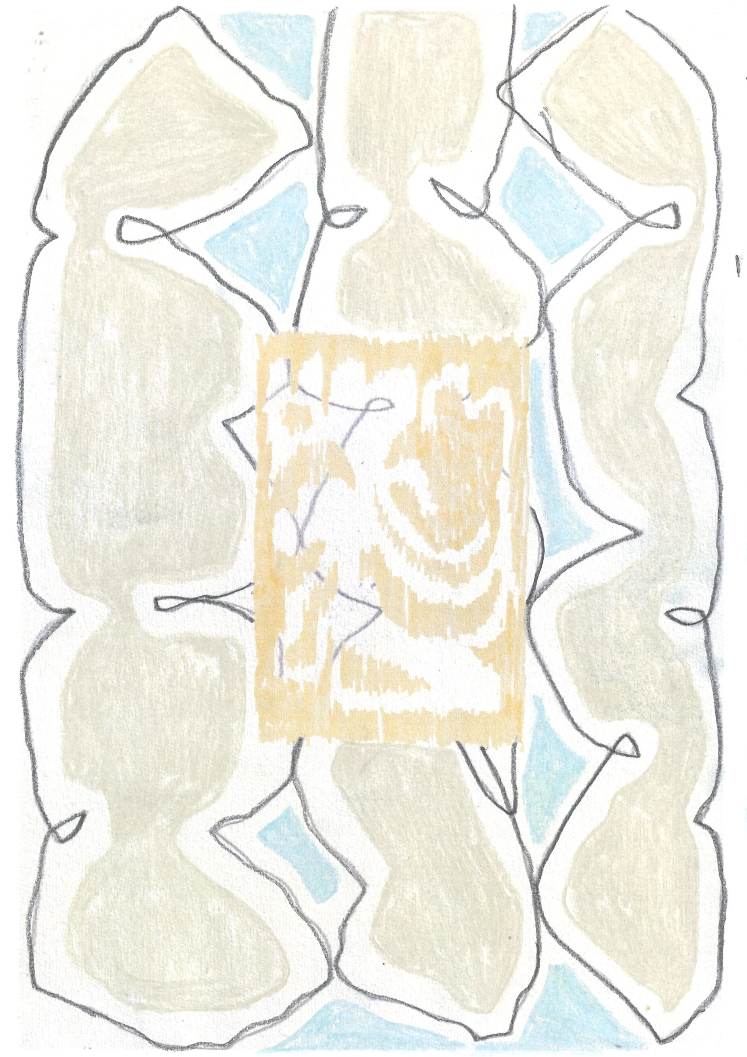 Abstract geometric drawing with beige shapes, blue triangles, and black outlines.