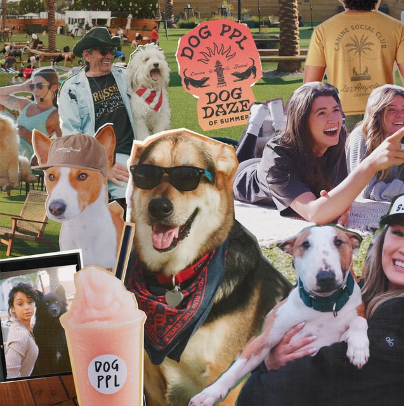 A collage highlighting Dog PPL’s private members-only dog club, featuring dogs, owners, branded events, and social gathering spaces.