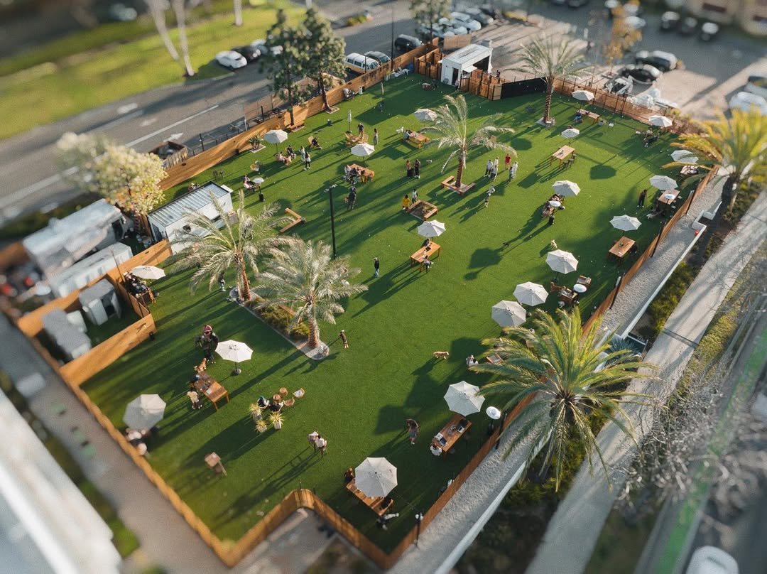 Aerial view of Dog PPL, a private members-only dog park, showing green play areas, seating, and dogs with their owners.