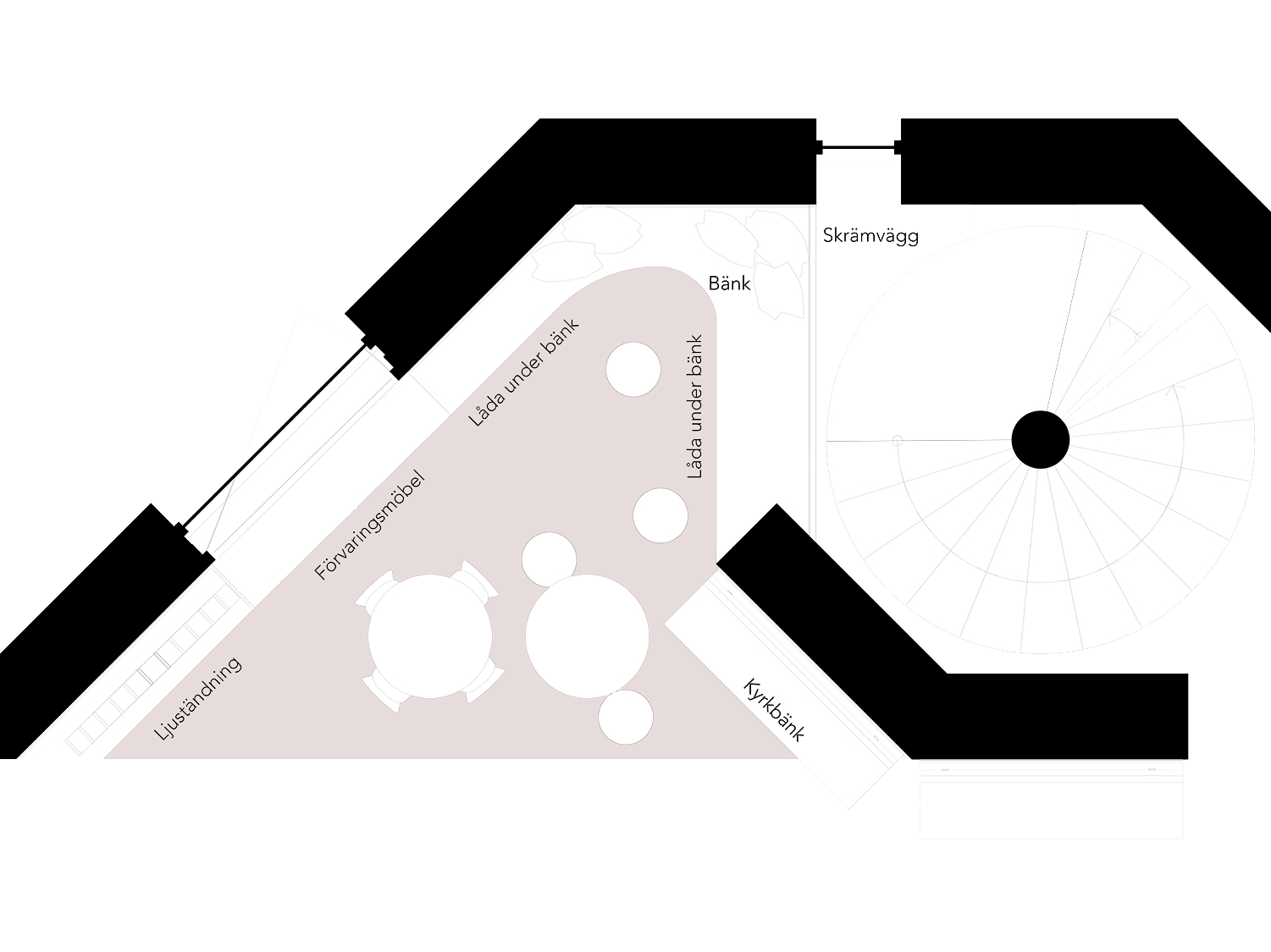 Winrotharkitekter, immanuelskyrkan, probitas, inredning, platsbyggd, barn, inredning för barn, lekhörna, barnhörna, kyrkosal, blåklassad, förvaringsmöbel, platsbyggd soffa, sittmöbel, skärmvägg,