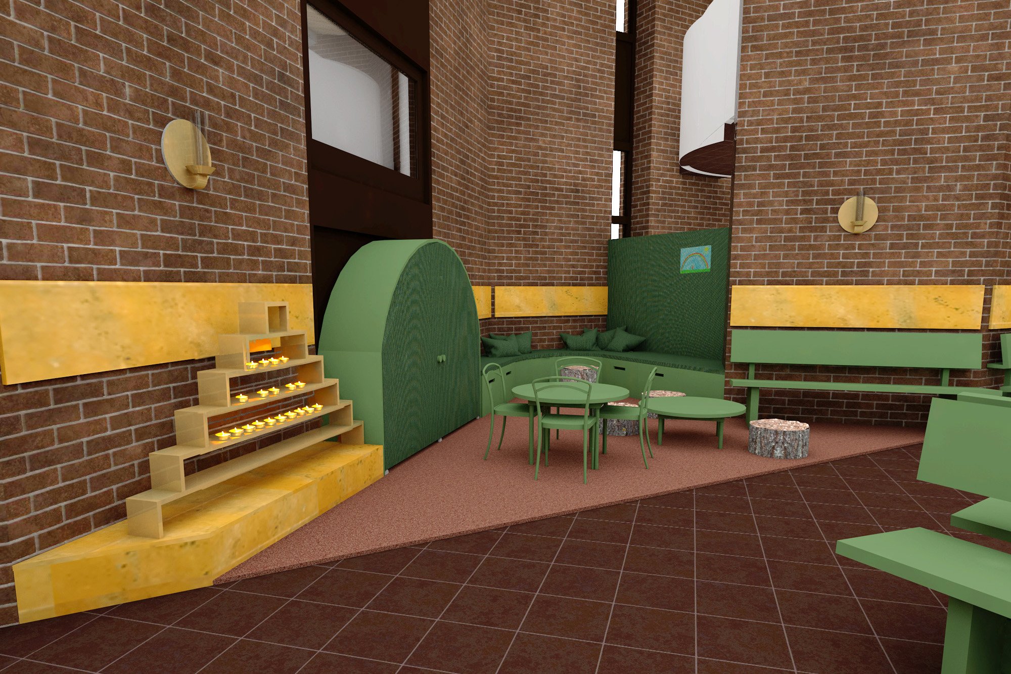 Winrotharkitekter, immanuelskyrkan, probitas, inredning, platsbyggd, barn, inredning för barn, lekhörna, barnhörna, kyrkosal, blåklassad, förvaringsmöbel, ljuständningscermoni, ljus, ljuständning, elektriska ljus, ljus för barn, kyrka