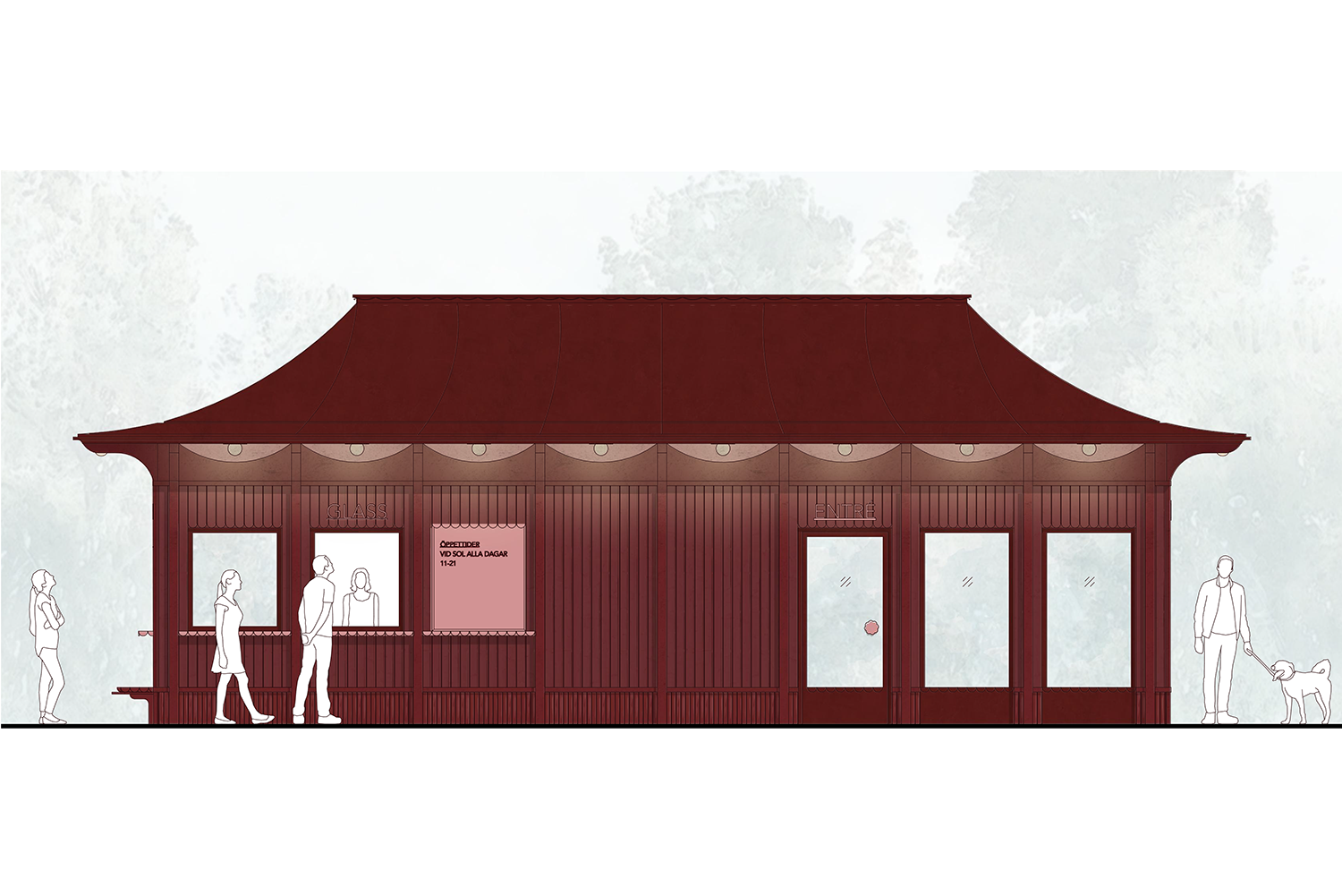 Winroth arkitekter, mijo arkitektur, studio hast, tävling, örebro, glasskiosk, örebro stadspark, tävling, sveriges arkitekter, cafépaviljong, cafe, paviljong, kiosk, arkitektur, illustration, fasadritning, elevation, traditionellt formspråk