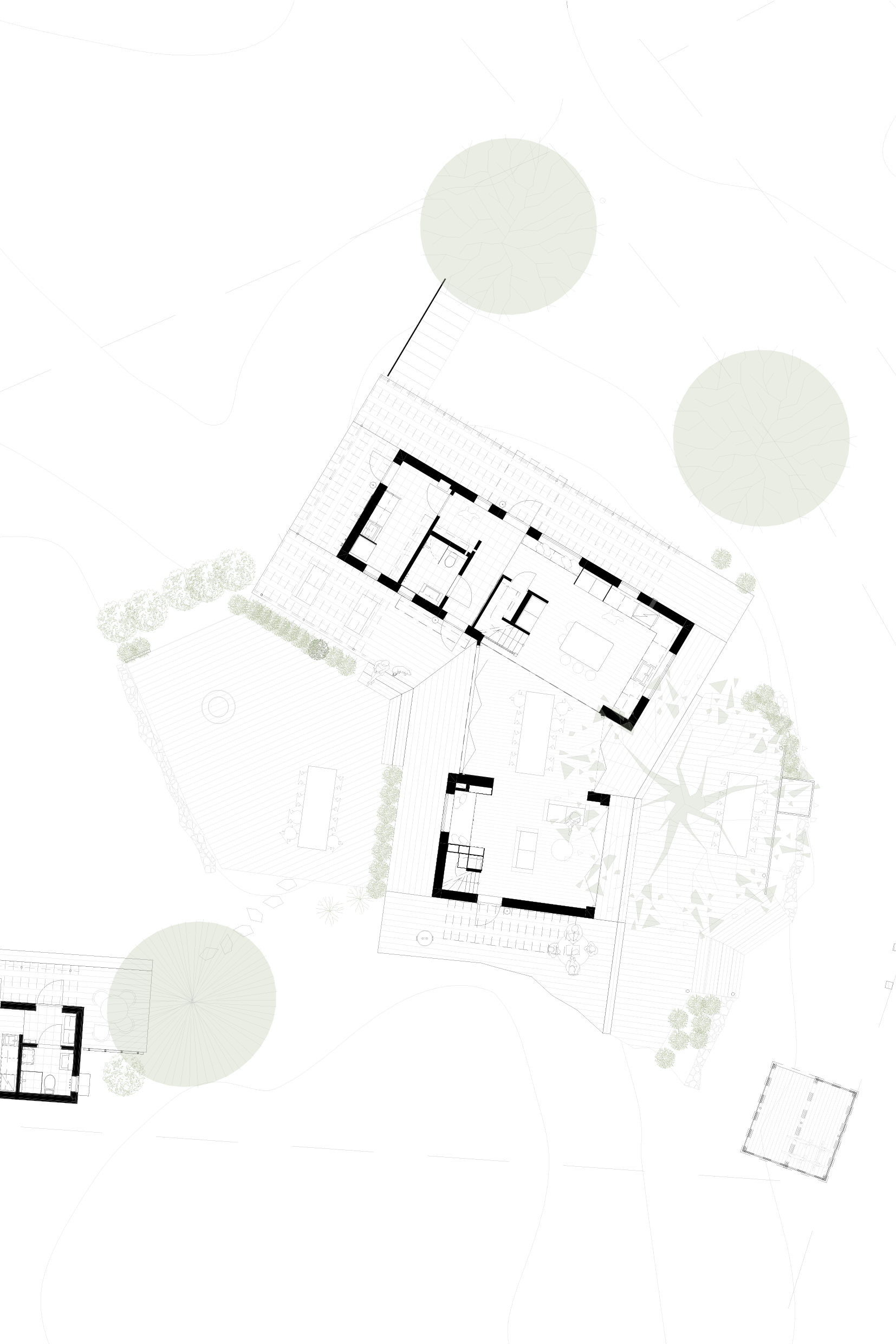 Winroth arkitekter, arkitektritat hus på Tranholmen i Stockholm. Trä arkitektur med ek i centrum och utsikt, ombonat, träfasad, naturnära, bastu, attefallshus