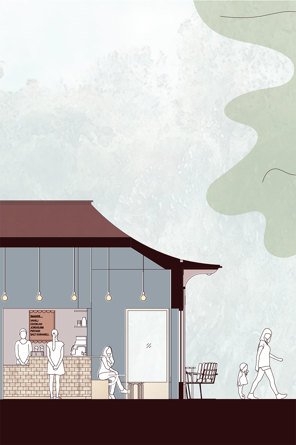 Winroth arkitekter, tävling, örebro, glasskiosk, örebro stadspark, tävling, sveriges arkitekter, cafépaviljong, cafe, paviljong, servering, glass, kiosk, sektion, arkitektritning, traditionellt formspråk