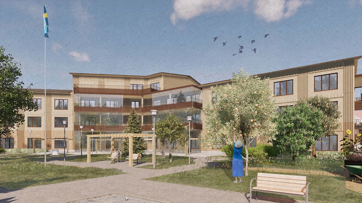 winroth arkitekter, tävling, östersund, vård och omsorgsboende, särskilt boende,  utsikt, vyer, berg och dal, gårdsmiljö, gård, fruktträd, aktiv utemiljö