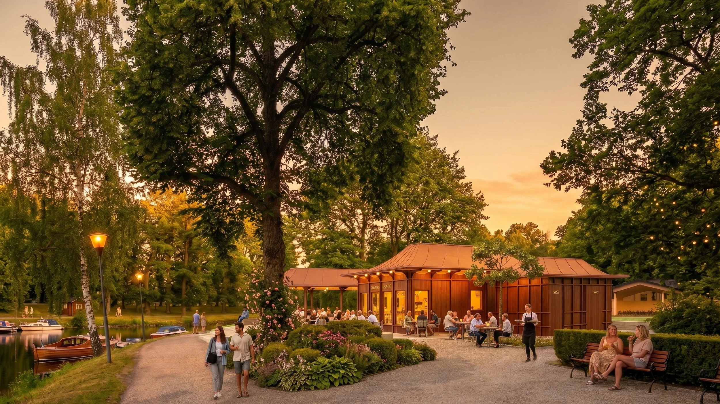 Winroth arkitekter, mijo arkitektur, studio hast, tävling, örebro, glasskiosk, örebro stadspark, tävling, sveriges arkitekter, cafépaviljong, cafe, paviljong, parkrum, servering, glass, kiosk, arkitektur, traditionellt formspråk, kvällsljus, stämning