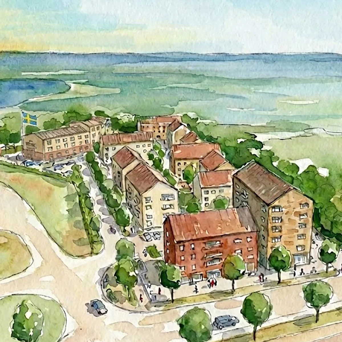 winroth arkitekter, tävling, östersund, vård och omsorgsboende, särskilt boende,  utsikt, vyer, berg och dal, akvarell,