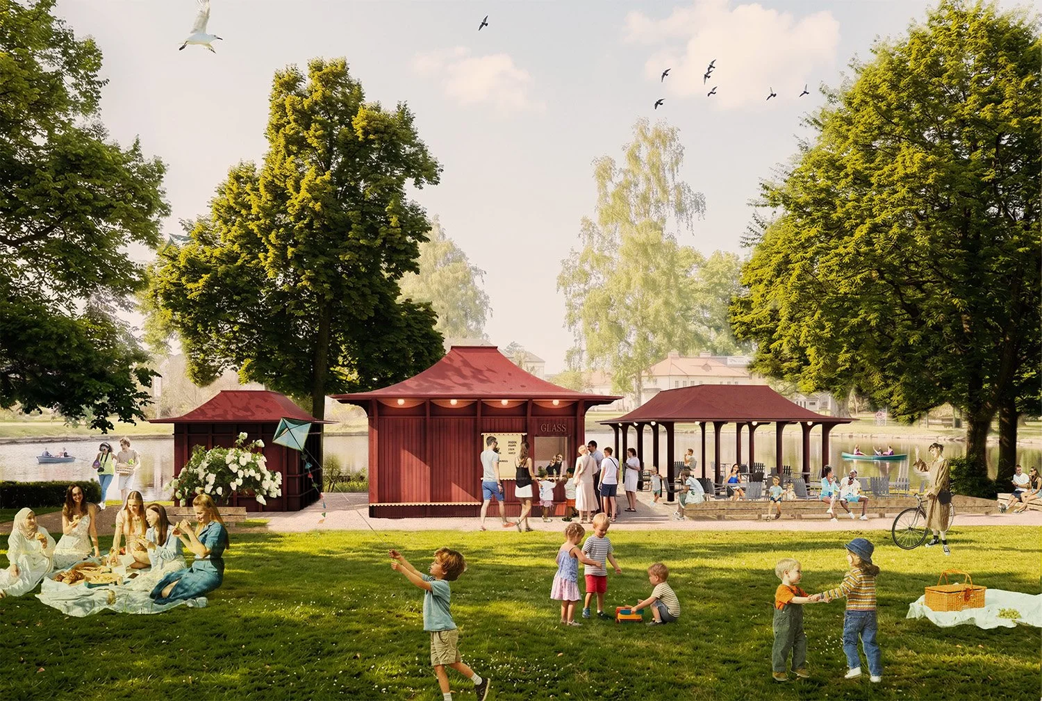 Winroth arkitekter, mijo arkitektur, studio hast, tävling, örebro, glasskiosk, örebro stadspark, tävling, sveriges arkitekter, cafépaviljong, cafe, paviljong, parkrum, servering, glass, kiosk, arkitektur, illustration, bild, traditionell arkitektur