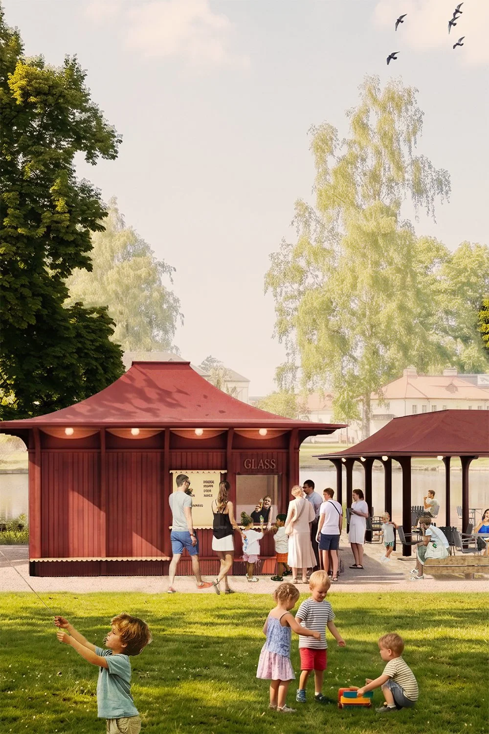 Winroth arkitekter, mijo arkitektur, studio hast, tävling, örebro, glasskiosk, örebro stadspark, tävling, sveriges arkitekter, cafépaviljong, cafe, paviljong, parkrum, servering, glass, kiosk, arkitektur, traditionellt formspråk,