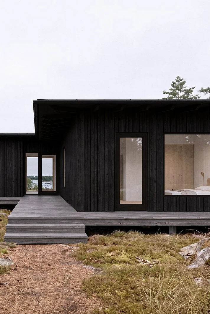 Winroth arkitekter, villa f, villa, falu svart fasad, skärgård, fritidshus, arkitektritat, arkitektur, trähus, tallskog, entré, vy över hav
